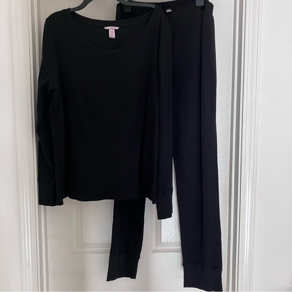 Victoria's Secret Other - VICTORIA’S SECRET Black Long Thermal Waffle Knit Pajama Set XL Long